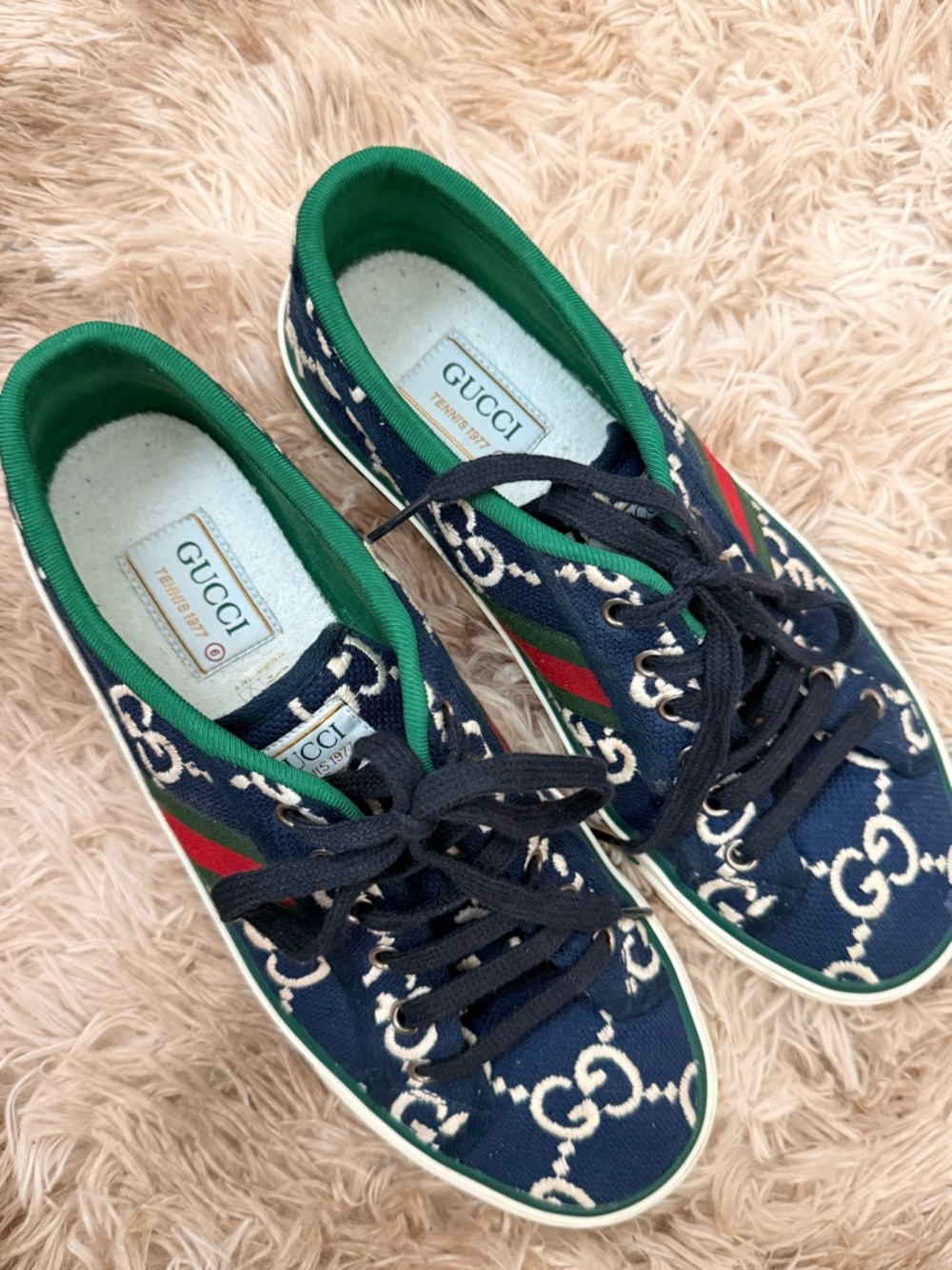 Gucci Navy GG Canvas Low-Top Sneakers with Green Trim and Red Web Stripe